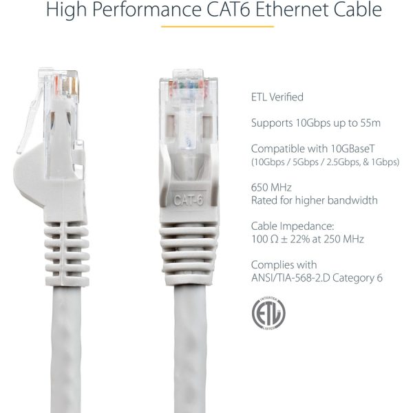 StarTech.com 100ft CAT6 Ethernet Cable - Gray Snagless Gigabit - 100W PoE UTP 650MHz Category 6 Patch Cord UL Certified Wiring/TIA - Image 3