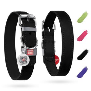 WAUDOG Long Lasting Leather Dog Collar for Large Dogs Medium & Small Dogs   Adjustable Classic Puppy Collars for Large Breed Dogs   Boy & Girl Dog Collars with Durable Buckle D Ring & QR Dog Tag