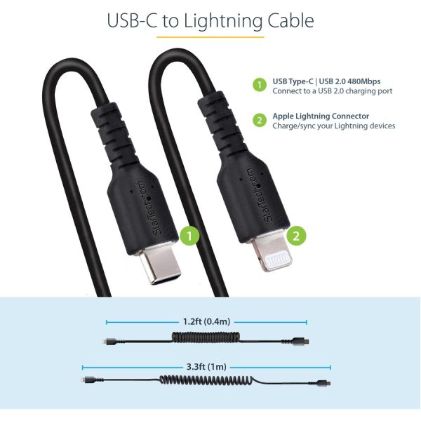 StarTech.com 1m (3ft) USB C to Lightning Cable, MFi Certified, Coiled iPhone Charger Cable, Black, Durable TPE Jacket Aramid Fiber - Image 4