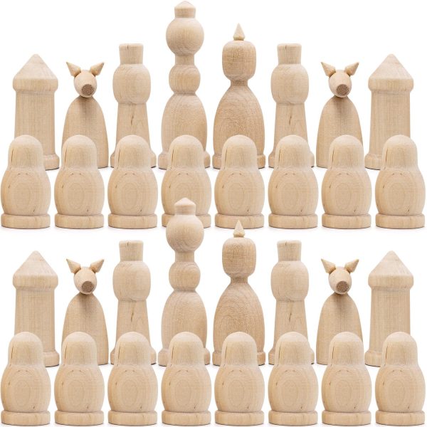 Unfinished Wood Chess Pieces Only Set of 32 pcs   Paint Your Own Chess Set   Blank Chess Sets for DIY  Wooden Peg Dolls Unfinished for Arts and Crafts