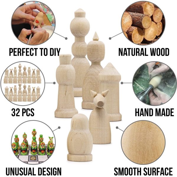 Unfinished Wood Chess Pieces Only Set of 32 pcs   Paint Your Own Chess Set   Blank Chess Sets for DIY  Wooden Peg Dolls Unfinished for Arts and Crafts - Image 3