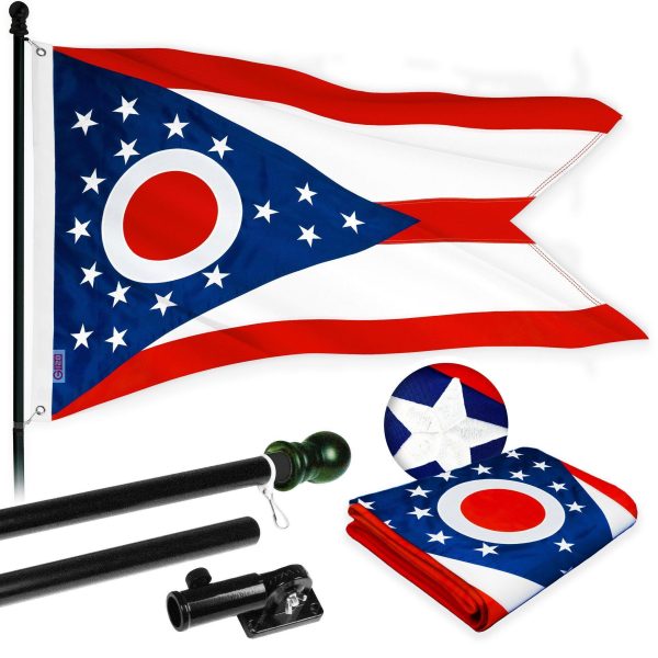 G128 Combo Pack: 5 Ft Tangle Free Aluminum Spinning Flagpole (Black) & Ohio OH State Flag 2x3 Ft, ToughWeave Series Embroidered 300D Polyester | Pole with Flag Included