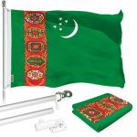 G128 Combo Pack: 6 Ft Tangle Free Spinning Flagpole (Silver) & Turkmenistan Flag 3x5 Ft Printed 150D Polyester, Brass Grommets (Flag Included) Aluminum Flag Pole