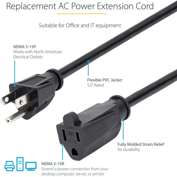StarTech.com 10ft (3m) Power Extension Cord, NEMA5-15R to NEMA5-15P Black Extension Cord, 13A 125V, 16AWG, Computer Power Extension Cable - Image 5