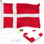 G128 Combo Pack: 6 Feet Tangle Free Spinning Flagpole (White) Denmark Danish Flag 3x5 ft Printed 150D Brass Grommets (Flag Included) Aluminum Flag Pole