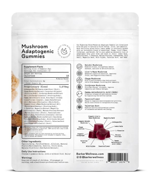 Nighttime Mushroom Adaptogen Gummies   Sugar Free Vegan Blend with Reishi Lion’s Mane Cordyceps Chaga   Relaxation & Sleep Support   60 Gummies