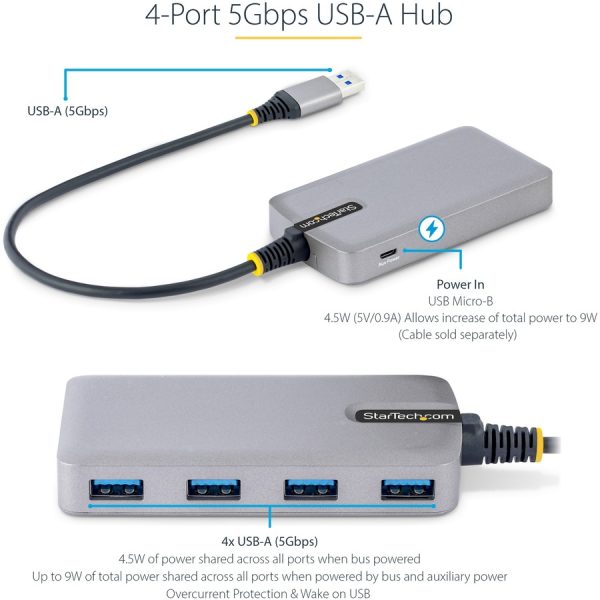 StarTech.com 4-Port USB Hub, USB 3.0 5Gbps, Bus Powered, USB-A to 4xA w/ Optional Auxiliary Power, Portable Laptop USB Hub, 1ft/30cm Cable - Image 2