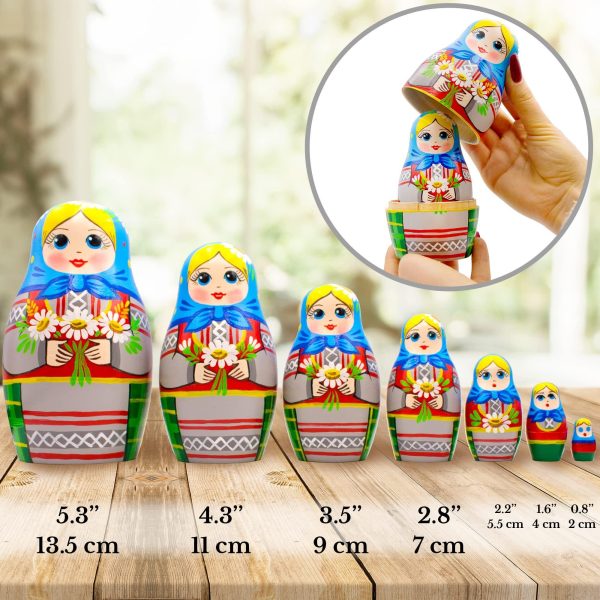 AEVVV Russian Nesting Dolls Set of 7 pcs   Matryoshka Doll in Belarussian Traditional Dress   Russian Doll with Cornflowers Spikelets and Chamomile Flowers - Image 3