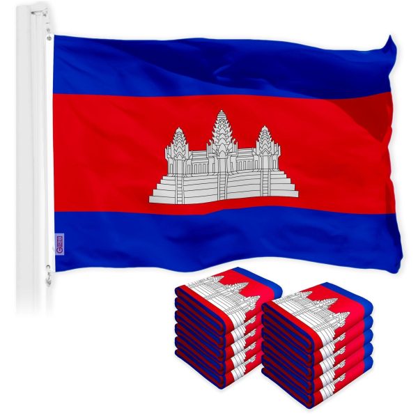 G128 10 Pack: Cambodia Cambodian Flag | 3x5 Ft | LiteWeave Pro Series Printed 150D Polyester | Country Flag, Indoor/Outdoor, Vibrant Colors, Brass Grommets, Thicker and More Durable Than 100D 75D Poly
