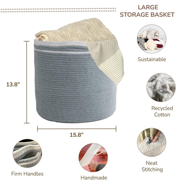 Large Recycled Cotton Rope Basket   Blanket Storage Basket Pillows Toys Towels Laundry and Living Room Organization   15.8x13.8 Inches   Eco friendly & Decorative Basket Gray - Image 3