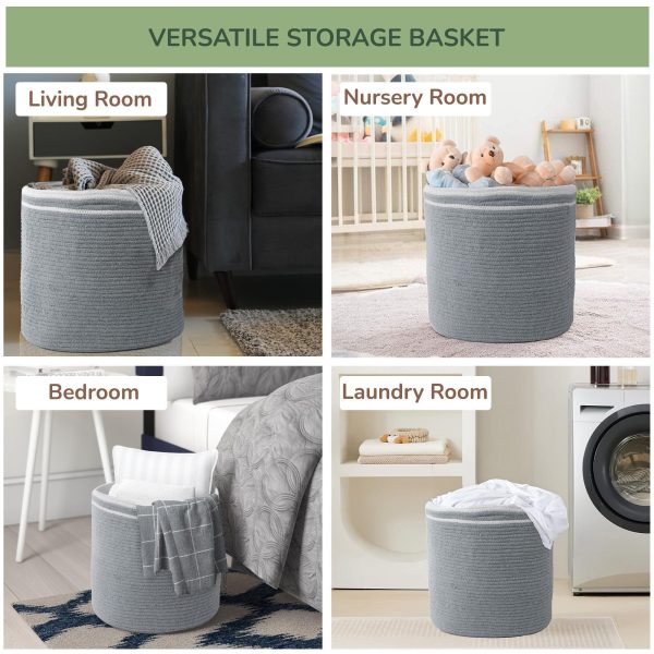 Large Recycled Cotton Rope Basket   Blanket Storage Basket Pillows Toys Towels Laundry and Living Room Organization   15.8x13.8 Inches   Eco friendly & Decorative Basket Gray - Image 4