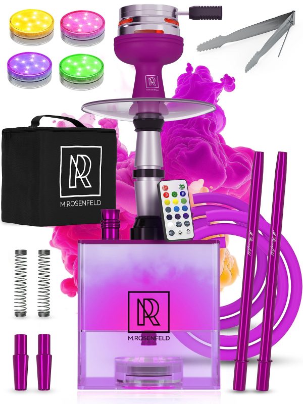 Purple Hookah 2 Hose Hookah Set   YADO Square Hookah To Go with Hookah Charcoal Holder Heat Management Device and Big Black Silicone Hookah Bowl and Bag for Shisha Portable Hookah Set with Everything