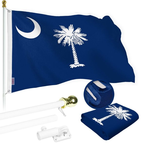 G128 Combo Pack: 5 Ft Tangle Free Spinning Flagpole (White) & South Carolina Flag 2x3 Ft Embroidered 220GSM Spun Polyester, Brass Grommets (Flag Included) Aluminum Flag Pole