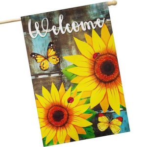 G128 House Flag Welcome Sunflowers and Butterflies | 28x40 Inch | Printed Blockout Polyester - Summer Decoration
