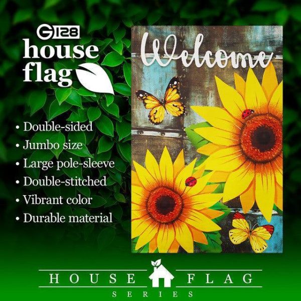 G128 House Flag Welcome Sunflowers and Butterflies | 28x40 Inch | Printed Blockout Polyester - Summer Decoration - Image 2