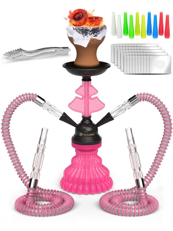 Pink Hookah Set 2 Hose Hookah – LilOne 12” Pink Mini Hookah Combo Kit Shisha Hookah Set with Prepunched Foil Hookah Bowl Disposable Tips Mouthpiece Tongs Portable Hookah Pipe