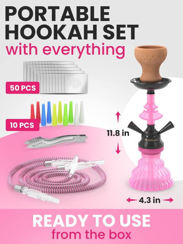Pink Hookah Set 2 Hose Hookah – LilOne 12” Pink Mini Hookah Combo Kit Shisha Hookah Set with Prepunched Foil Hookah Bowl Disposable Tips Mouthpiece Tongs Portable Hookah Pipe - Image 2