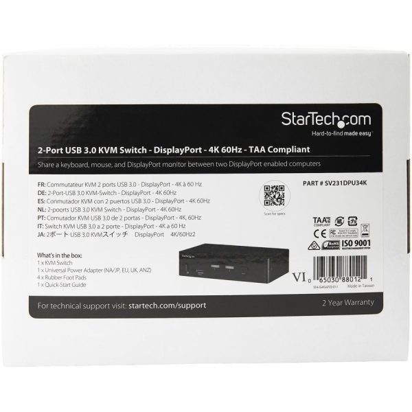 StarTech.com 2 Port DisplayPort KVM Switch - 4K 60Hz - Single Display - UHD DP 1.2 USB KVM Switch with USB 3.0 Hub & Audio - TAA Compliant - Image 2
