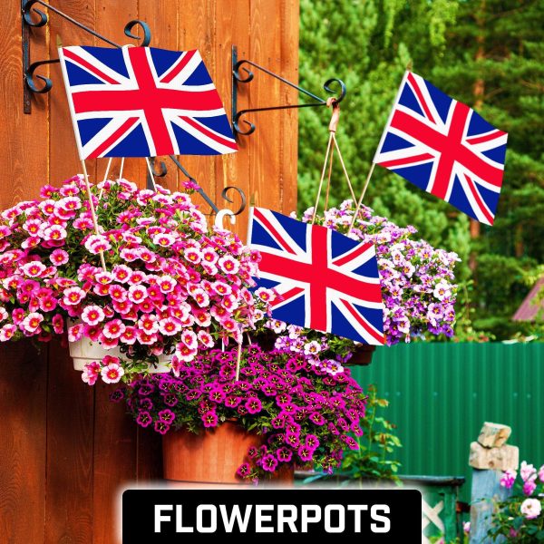 G128 50 Pack Handheld United Kingdom UK Stick Flags | 12x18 In | Printed 150D Polyester, Country Flag, Solid Wooden Stick, Spear Gold Tip - Image 2