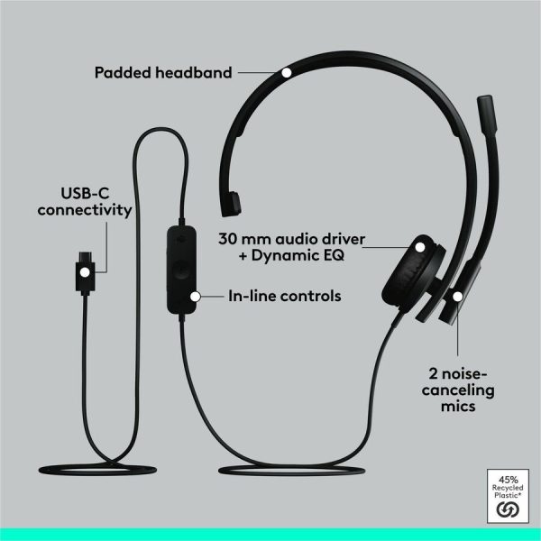 Logitech H570e USB Wired Mono Headset, USB-C, Noise-Canceling Mics, Inline Controls, Certified for Microsoft Teams, Black - Image 6