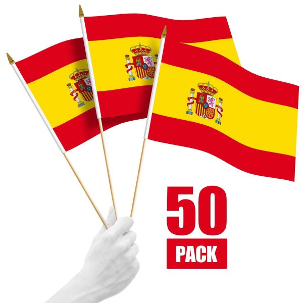 G128 50 Pack Handheld Spain Spanish Stick Flags | 12x18 In | Printed 150D Polyester, Country Flag, Solid Wooden Stick, Spear Gold Tip