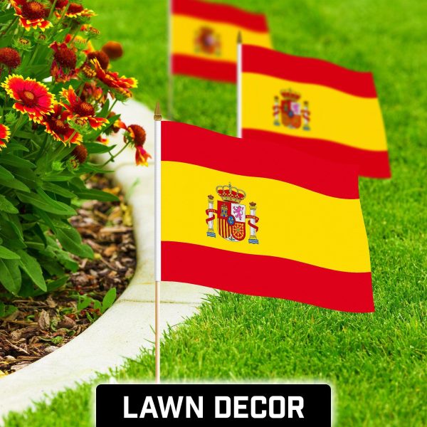 G128 50 Pack Handheld Spain Spanish Stick Flags | 12x18 In | Printed 150D Polyester, Country Flag, Solid Wooden Stick, Spear Gold Tip - Image 3