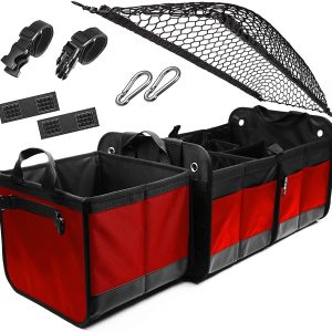 3 Compartment Separable Collapsible Car Trunk Storage Organizer for SUV Minivan Truck Sedan   XL Red Black