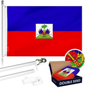 G128 Combo Pack: Flag Pole 6 FT Silver Tangle Free & Haiti Haitian Flag 3x5 FT Double Sided Embroidered 210D Polyester
