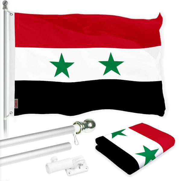G128 Combo Pack: 6 Ft Tangle Free Aluminum Spinning Flagpole (Silver) & Syria Syrian Flag 3x5 Ft, LiteWeave Pro Series Printed 150D Polyester | Pole with Flag Included