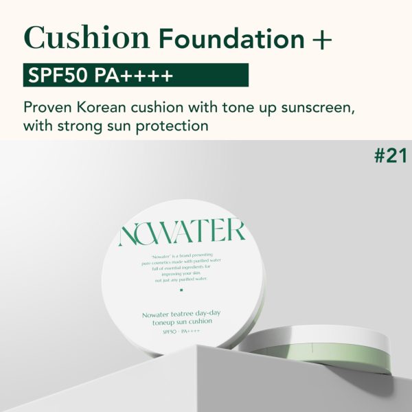 NOWATER Tea Tree Tone up Sun Cushion (SPF50  PA ) | No.21 | Cushion Foundation with UV Protection | Hyaluronic Acid Niacinamide | Korean Make up for face (0.88 fl.oz) - Image 2