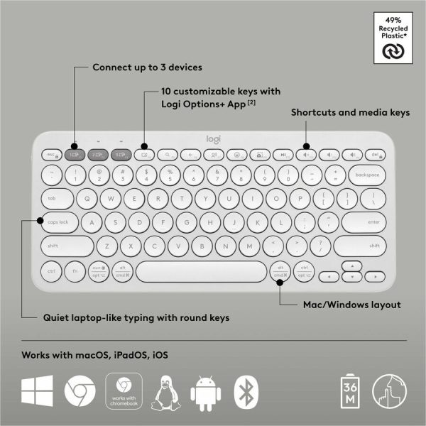 Logitech Pebble Keys 2 K380s, Multi-Device Bluetooth Wireless Keyboard with Customizable Shortcuts, Tonal White - Image 6