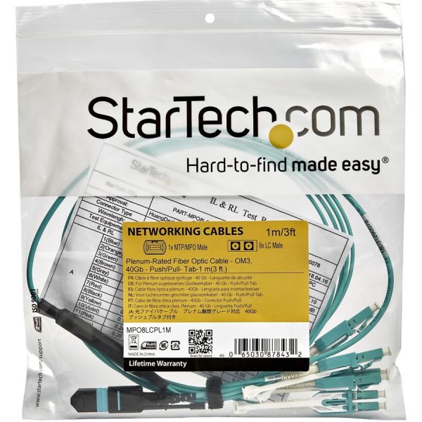 StarTech.com 3m (10ft) MTP(F)/PC to 4x LC/PC Duplex Breakout OM3 Multimode Fiber Optic Cable, 40G, Low Insertion Loss, Fiber Jumper Cord - Image 5