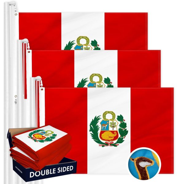 Peru Peruvian Flag 3x5 Ft 3-Pack Double-sided Embroidered Polyester By G128