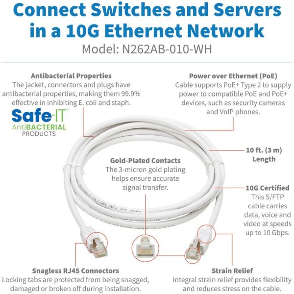 Eaton Tripp Lite Series Safe-IT Cat6a 10G Snagless Antibacterial S/FTP Ethernet Cable (RJ45 M/M), PoE, White, 10 ft. (3.05 m), TAA - Image 2