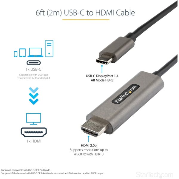 StarTech.com 6ft (2m) USB C to HDMI Cable 4K 60Hz with HDR10, Ultra HD USB Type-C to HDMI 2.0b Video Adapter Cable, DP 1.4 Alt Mode HBR3 - Image 2