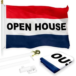 G128 Combo Pack: 6 Feet Tangle Free Spinning Flagpole (White) Open House Flag 3x5 ft Printed 150D Brass Grommets (Flag Included) Aluminum Flag Pole