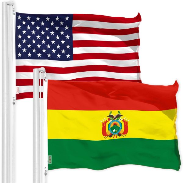 G128 Combo Pack: American USA Flag 3x5 Ft & Bolivia Flag 3x5 Ft, Both Printed 150D Polyester, Indoor/Outdoor, Brass Grommets