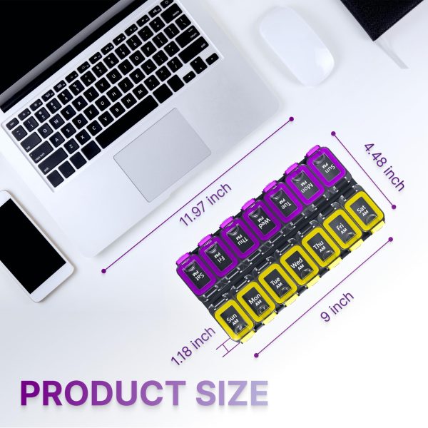 Weekly Pill Organizer 2 Times A Day   Airtight Pill Box 7 Day   Am Pm Vitamin Case Extra Large Medicine Container Two Week Supplement Holder Daily Medication Storage XL Med Sorter Yellow Purple - Image 4