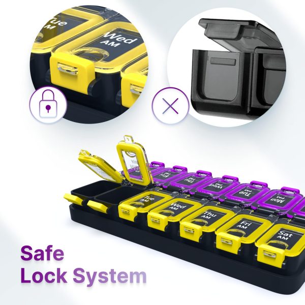 Weekly Pill Organizer 2 Times A Day   Airtight Pill Box 7 Day   Am Pm Vitamin Case Extra Large Medicine Container Two Week Supplement Holder Daily Medication Storage XL Med Sorter Yellow Purple - Image 6
