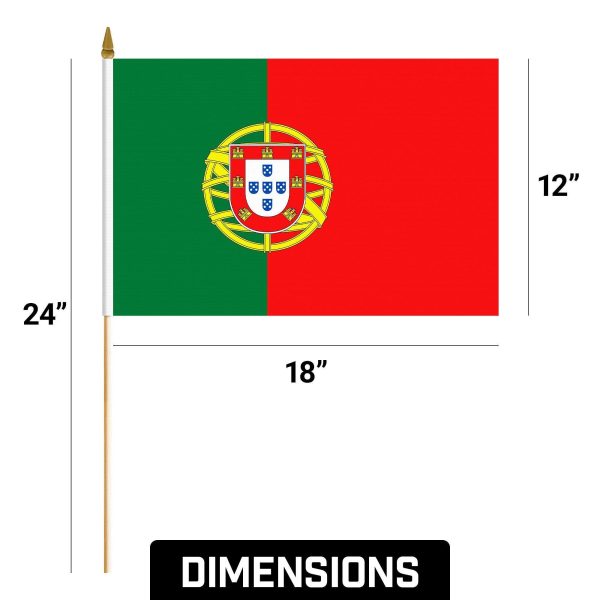 G128 50 Pack Handheld Portugal Portuguese Stick Flags | 12x18 In | Printed 150D Polyester, Country Flag, Solid Wooden Stick, Spear Gold Tip - Image 9