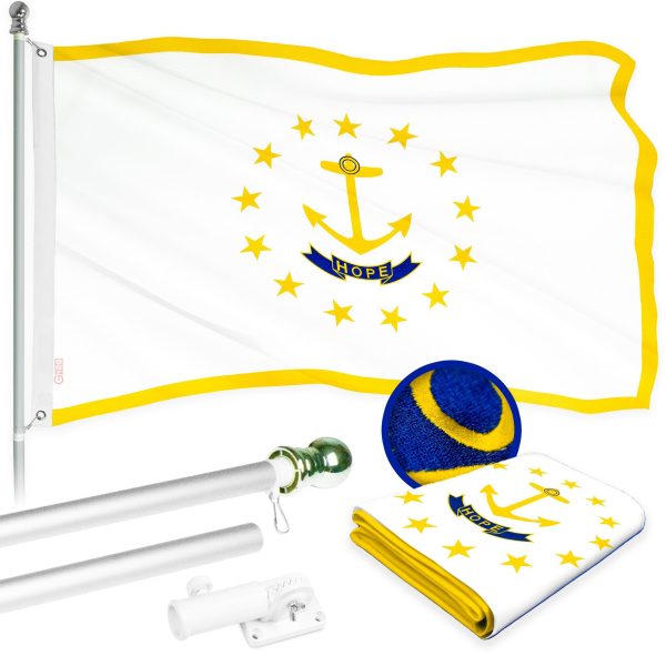 G128 Combo Pack: 5 Ft Tangle Free Aluminum Spinning Flagpole (Silver) & Rhode Island RI State Flag 2x3 Ft, ToughWeave Series Embroidered 300D Polyester | Pole with Flag Included