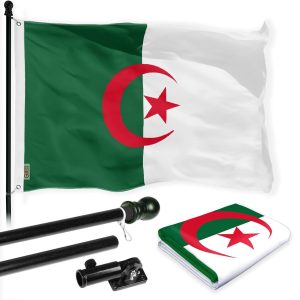 G128 Combo Pack: 6 Ft Tangle Free Spinning Flagpole (Black) & Algeria Flag 3x5 Ft Printed 150D Polyester, Brass Grommets (Flag Included) Aluminum Flag Pole