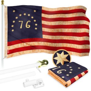 G128 Combo Pack: 6 Ft Tangle Free Aluminum Spinning Flagpole (White) & Bennington 76 Tea-Stained Flag 3x5 Ft, ToughWeave Pro Series Embroidered 420D Polyester | Pole with Flag Included
