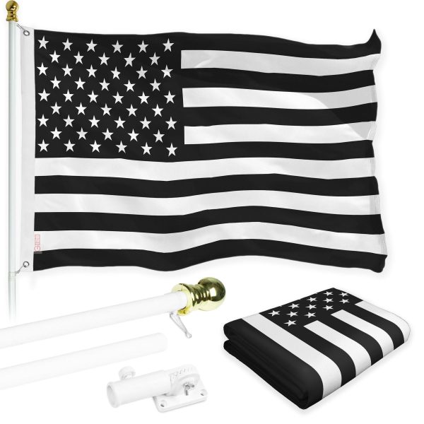 G128 Combo Pack: Flag Pole 6 FT White Tangle Free & USA America Black and White Flag 3x5 FT Brass Grommets Printed Polyester (Flag Included) Aluminum Flag Pole