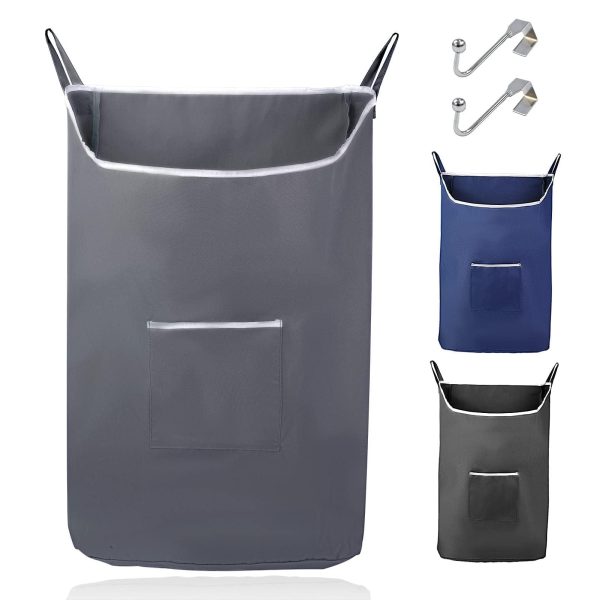 The Fine Living Co. X Large Hanging Laundry Hamper with Over Door Hooks & Adhesive Durable Space Saving Laundry Bag with Zipper and Wide Open TopHanging Dorm Laundry Hamper 20 x3.75 x31  (Grey XL)