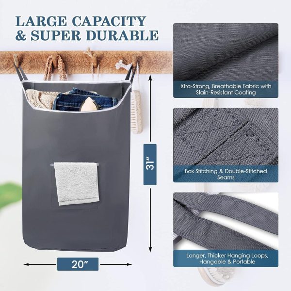 The Fine Living Co. X Large Hanging Laundry Hamper with Over Door Hooks & Adhesive Durable Space Saving Laundry Bag with Zipper and Wide Open TopHanging Dorm Laundry Hamper 20 x3.75 x31  (Grey XL) - Image 2