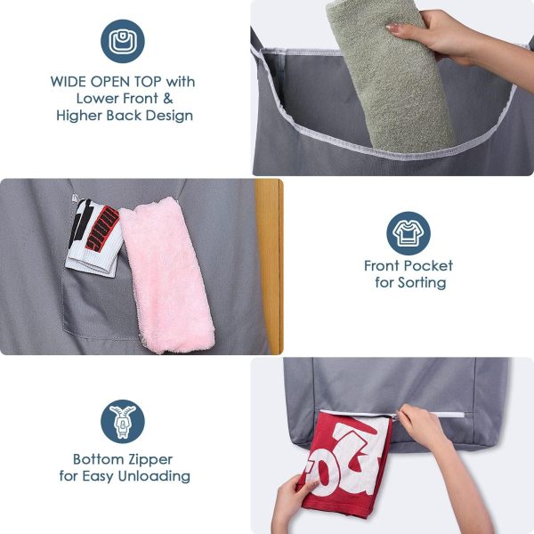 The Fine Living Co. X Large Hanging Laundry Hamper with Over Door Hooks & Adhesive Durable Space Saving Laundry Bag with Zipper and Wide Open TopHanging Dorm Laundry Hamper 20 x3.75 x31  (Grey XL) - Image 3