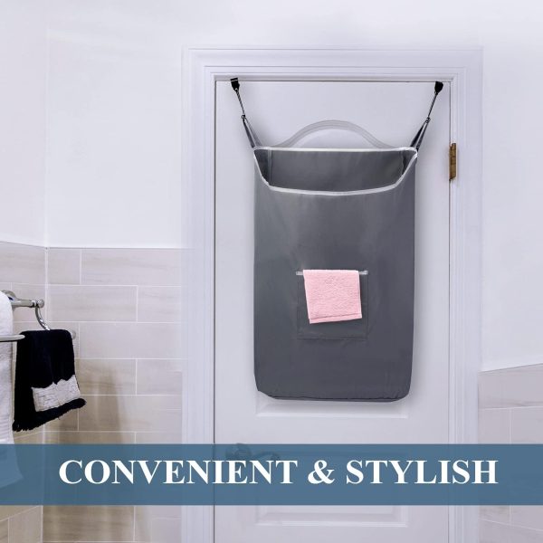 The Fine Living Co. X Large Hanging Laundry Hamper with Over Door Hooks & Adhesive Durable Space Saving Laundry Bag with Zipper and Wide Open TopHanging Dorm Laundry Hamper 20 x3.75 x31  (Grey XL) - Image 5