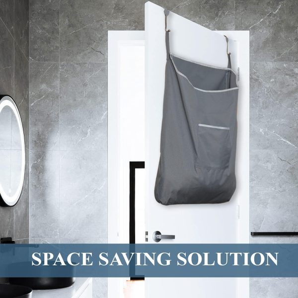 The Fine Living Co. X Large Hanging Laundry Hamper with Over Door Hooks & Adhesive Durable Space Saving Laundry Bag with Zipper and Wide Open TopHanging Dorm Laundry Hamper 20 x3.75 x31  (Grey XL) - Image 6