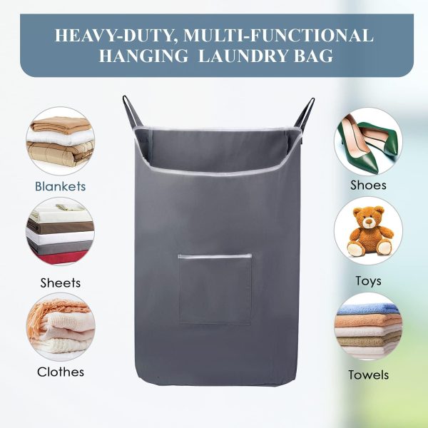 The Fine Living Co. X Large Hanging Laundry Hamper with Over Door Hooks & Adhesive Durable Space Saving Laundry Bag with Zipper and Wide Open TopHanging Dorm Laundry Hamper 20 x3.75 x31  (Grey XL) - Image 7